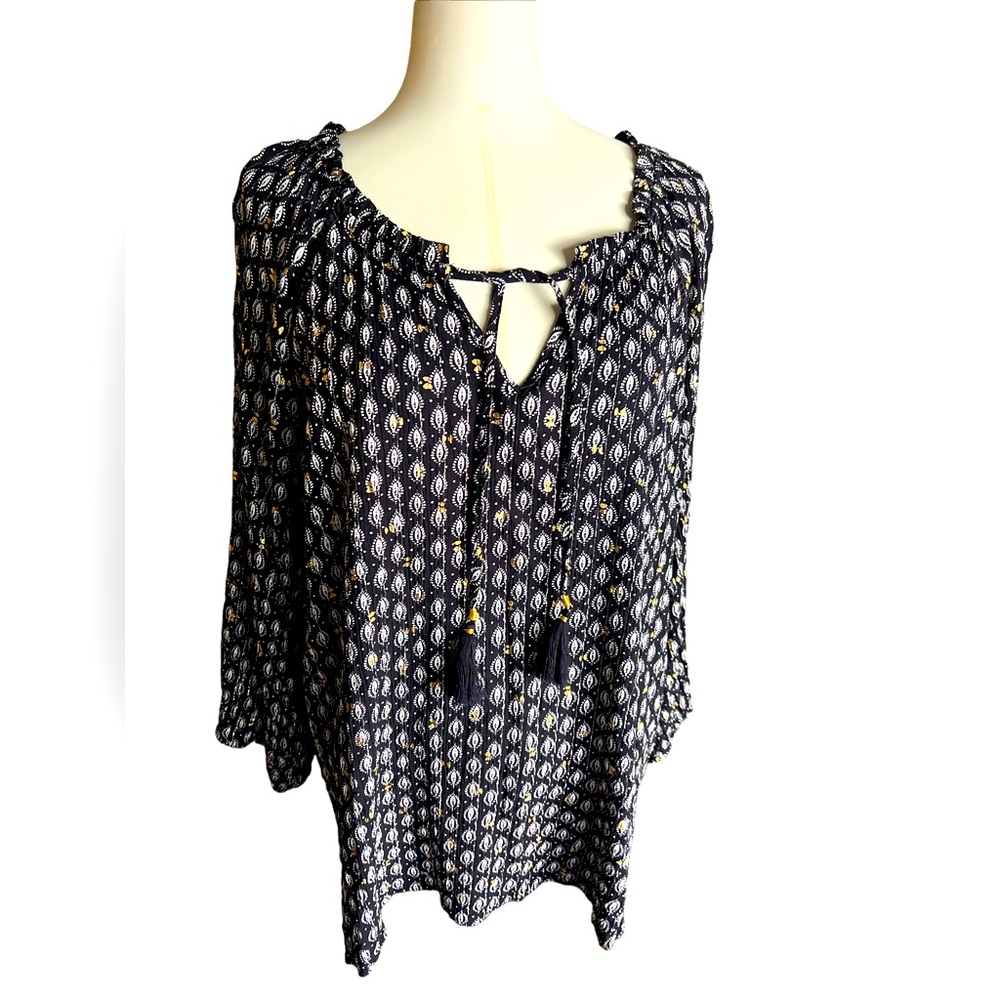 Women’s|Tribal|Crinkle Blouse|XL/Blue, White & Gold|Tassel Tie|NWOT
